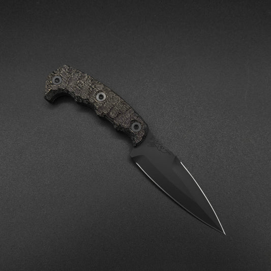 Half Face Blades HUMINT 4" Black Burlap Micarta, Armor Black Cerakote 1
