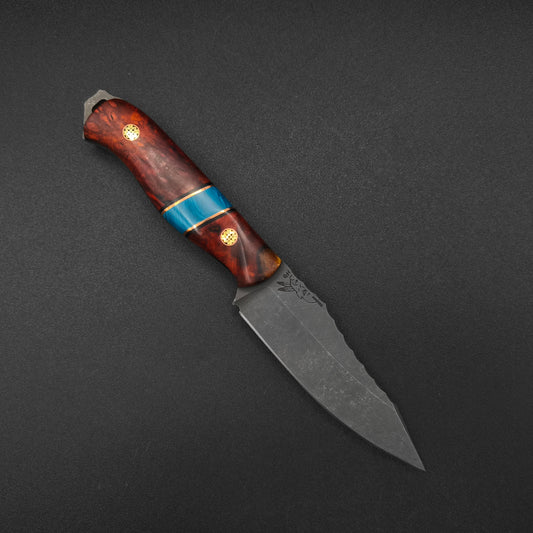 Half Face Blades Field Knife Jr Amboyna Burl, Blue Juma Split 1