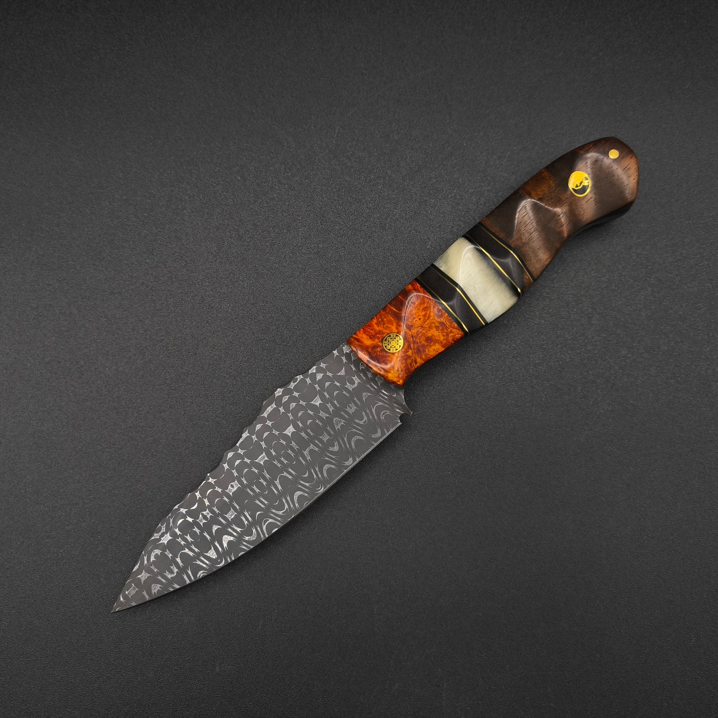 Half Face Blades Field Knife Vegas Forge Razorwire Damascus, Amboyna Burl 2