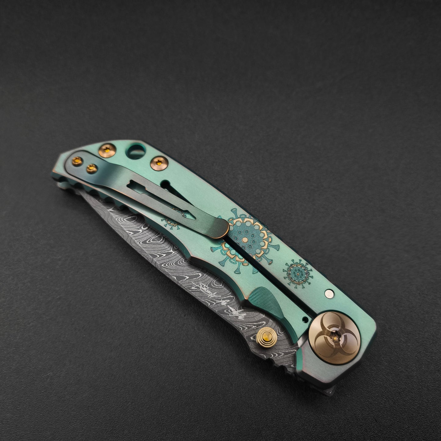Spartan Blades Harsey Folder SF5 Custom Chad Nichols Damascus Plague Doctor Green