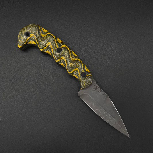 Half Face Blades HUMINT 3" Layered Black Burlap Micarta and Yellow G10 and Rubber 1