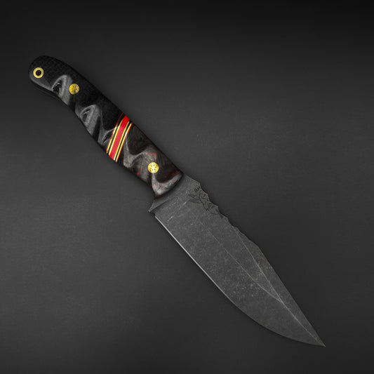 Half Face Blades Crow Scout Drop Point, Red Dark Matter Carbon, Brass Split, Black Burlap Micarta 1