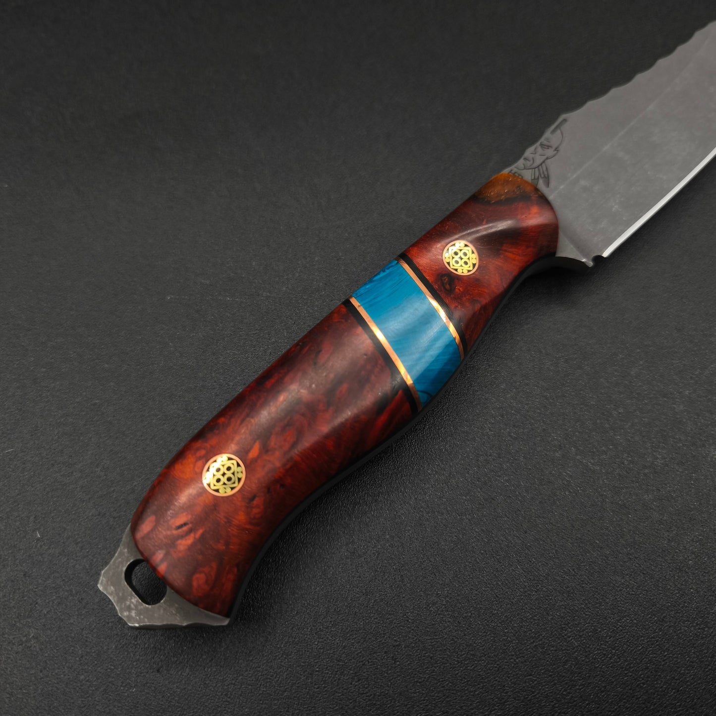 Half Face Blades Field Knife Jr Amboyna Burl, Blue Juma Split 3