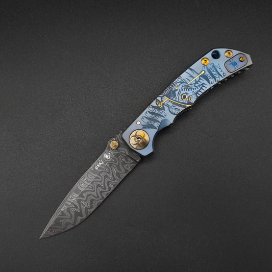 Spartan Blades Harsey Folder SF5 Custom Chad Nichols Damascus Plague Doctor Blue