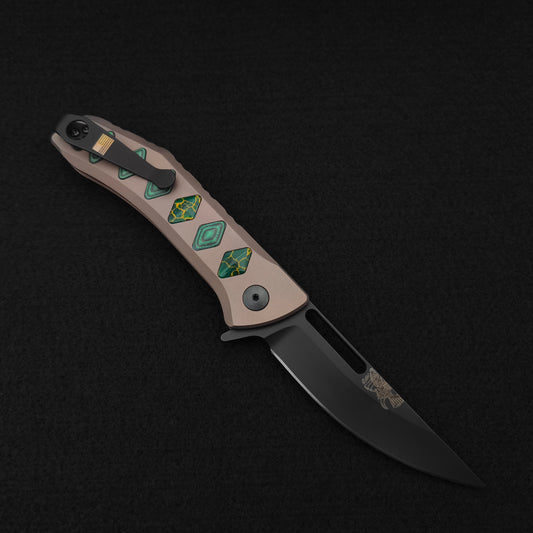 Half Face Blades Custom Kwaiken Folder Arizona Jade and Aquamarine Camo Quartz Inlay 1