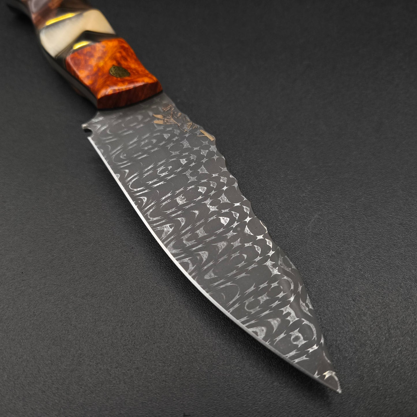 Half Face Blades Field Knife Vegas Forge Razorwire Damascus, Amboyna Burl 3