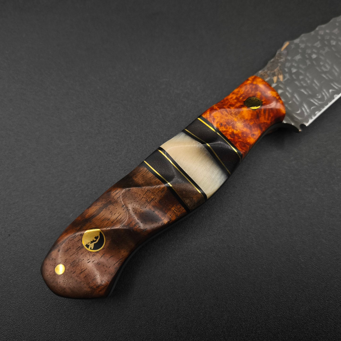 Half Face Blades Field Knife Vegas Forge Razorwire Damascus, Amboyna Burl 4