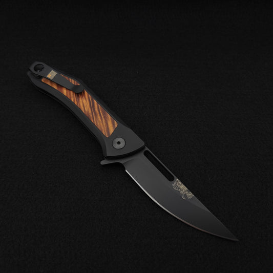 Half Face Blades Custom Kwaiken Folder Hawaiian Curly Koa, Anodized Black Handle