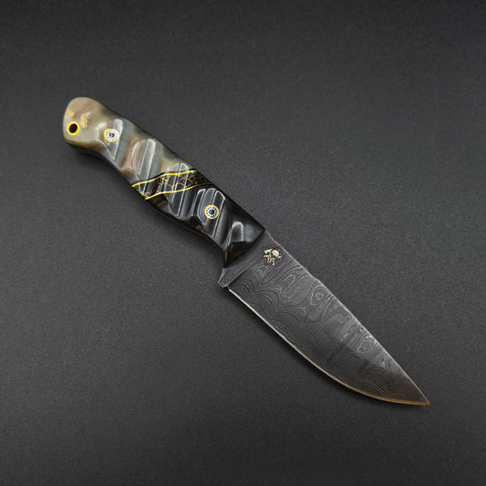 Sea Sick Blades Fieldcraft Damascus, Buffalo Horn, Gold webbed True Stone 1