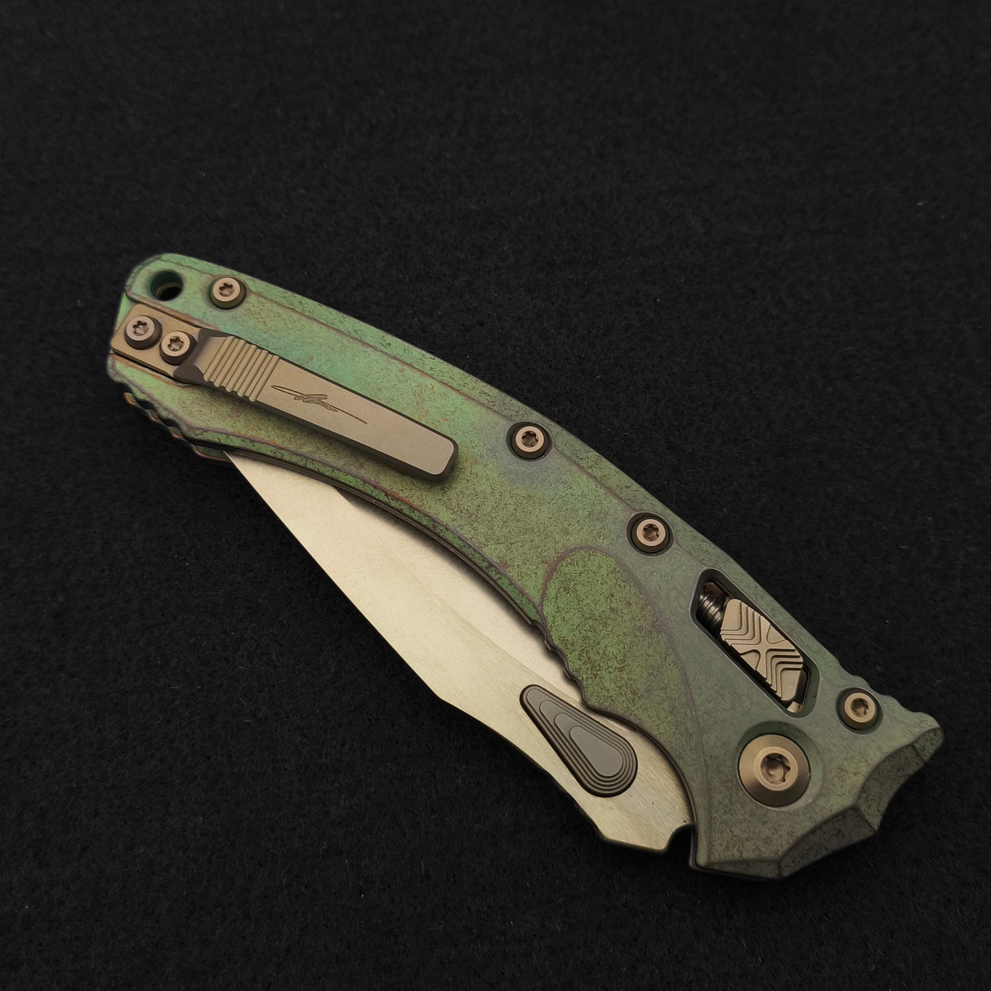 Microtech Amphibian Ram-Lok Bronzed Stonewash Antique Green Marfione Select