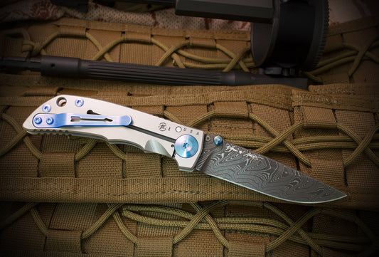 Spartan Blades Harsey Folder 3.25 Chad Nichols Damascus Blue Ano Hardware 1