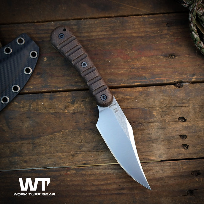 Work Tuff Gear Espuela / K329, Satin, Brown Burlap Micarta Grip 2