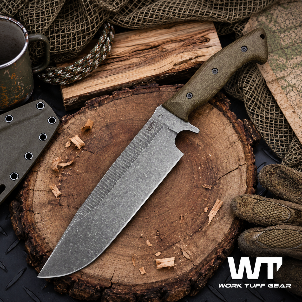 Work Tuff Gear Bear Claw Gen 2 / SKS51, Dark Washed Rugged, Green Burlap Canvas Micarta