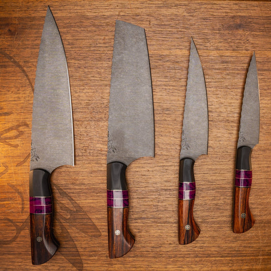 Half Face Blades Chef Set - Black G10, Sugi Tru-stone Split, Desert Ironwood 1
