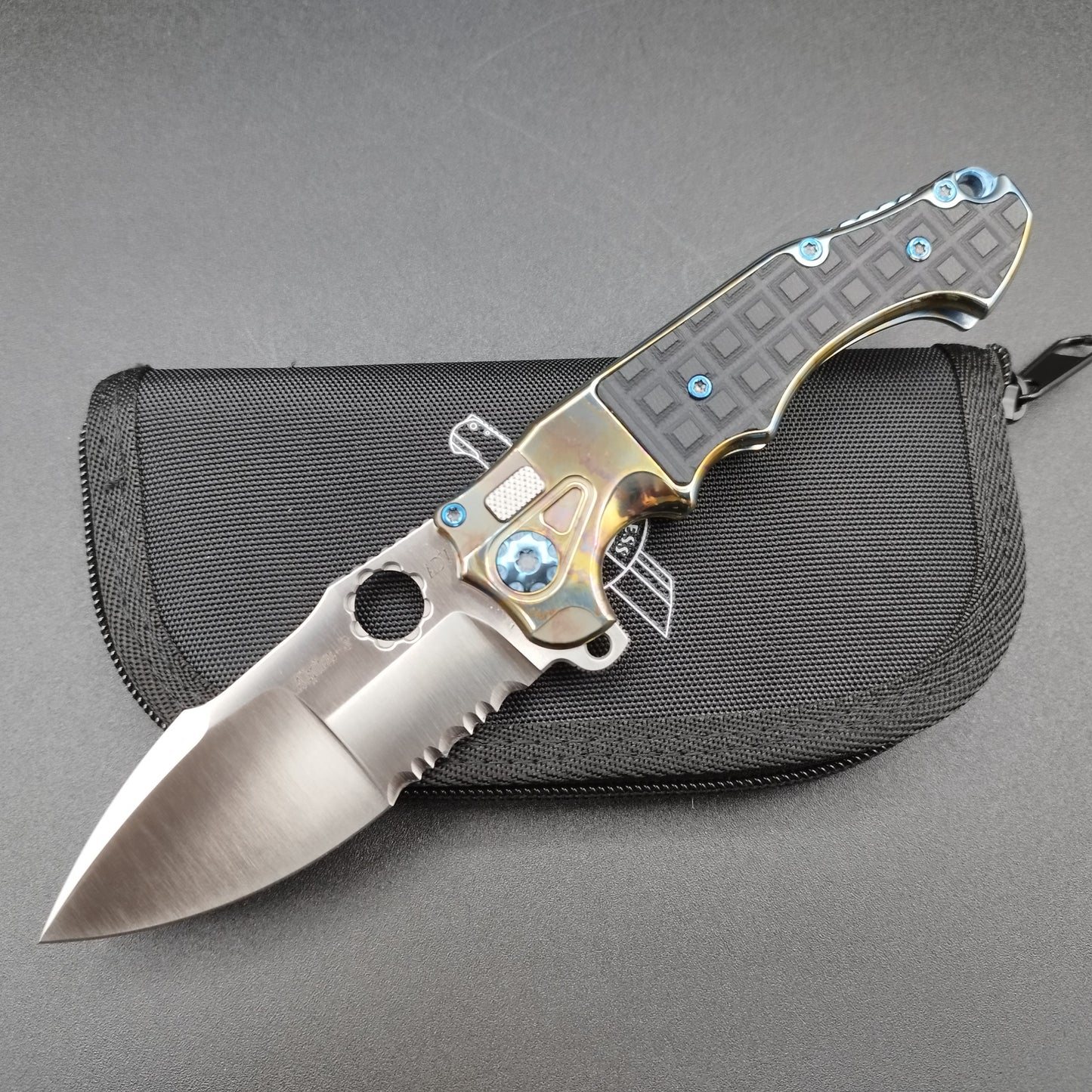 ADV Mini Alpha-S Serrated Gold Acid Rain Black fragged G-10  S35VN 1