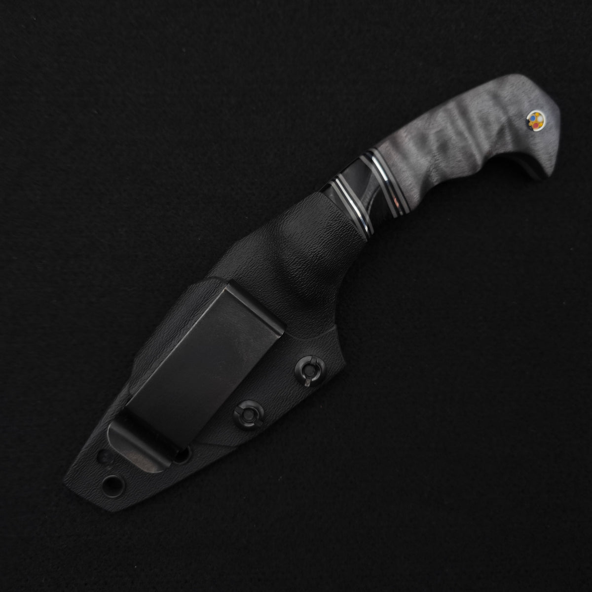 Half Face Blades HUMINT 3" Black Burlap Micarta, Black G10, Dyed Maple, Patriot Mosaic Pins