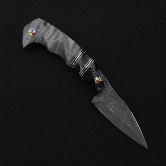 Half Face Blades HUMINT 3" Black Burlap Micarta, Black G10, Dyed Maple, Patriot Mosaic Pins 1