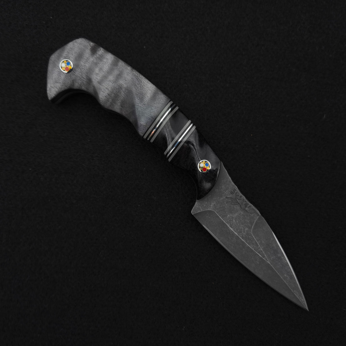 Half Face Blades HUMINT 3" Black Burlap Micarta, Black G10, Dyed Maple, Patriot Mosaic Pins