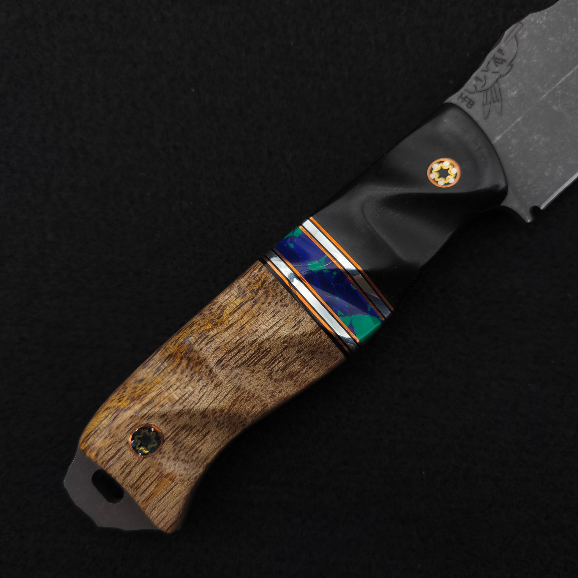 Half Face Blades Field Knife African Blackwood, Turquoise, Hawaiian Curly Mango 3