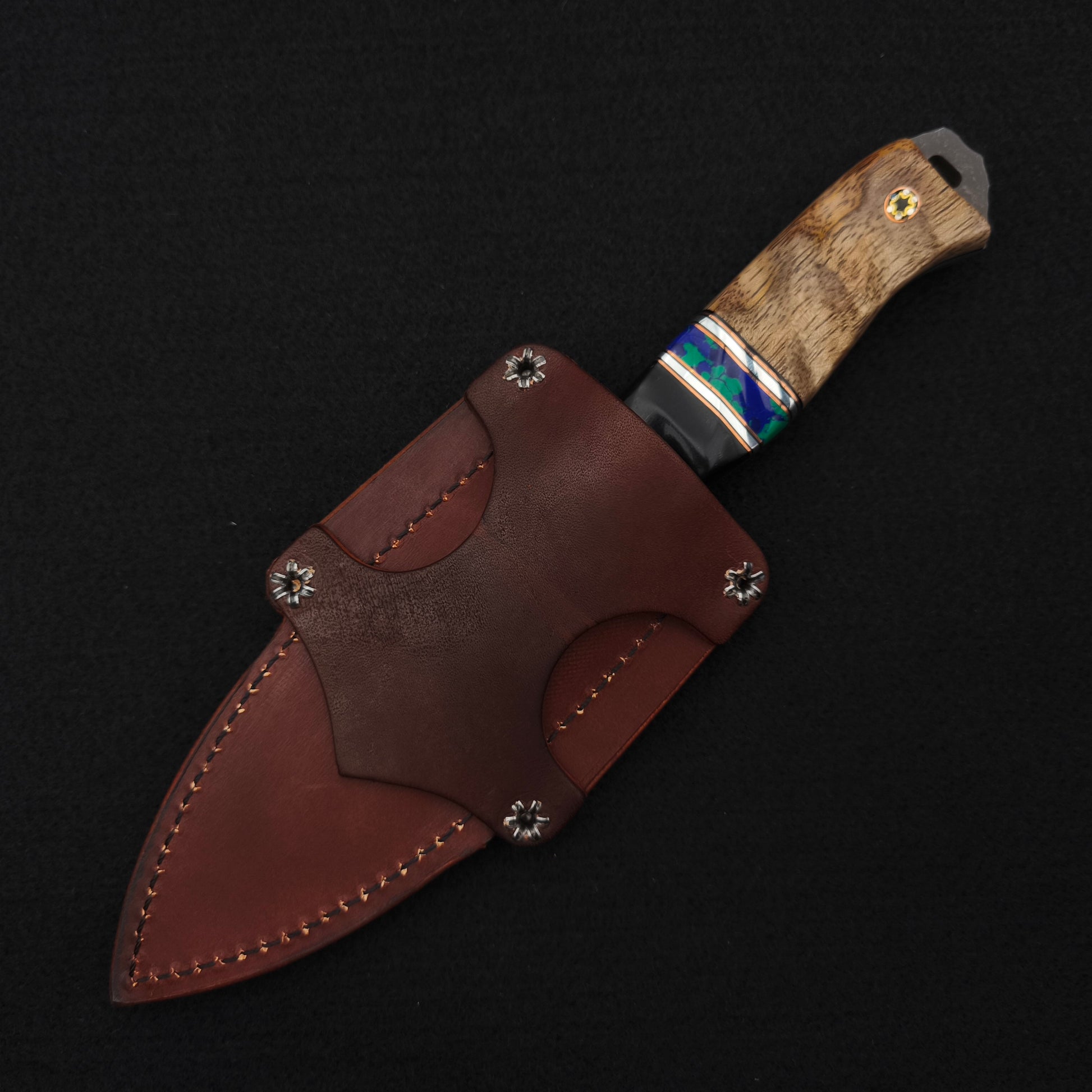 Half Face Blades Field Knife African Blackwood, Turquoise, Hawaiian Curly Mango 5