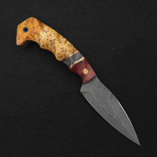 Half Face Blades HUMINT 4" Dyed Amboyna, Dyed Hawaiian Curly Mango Split, Black Ash Burl 1