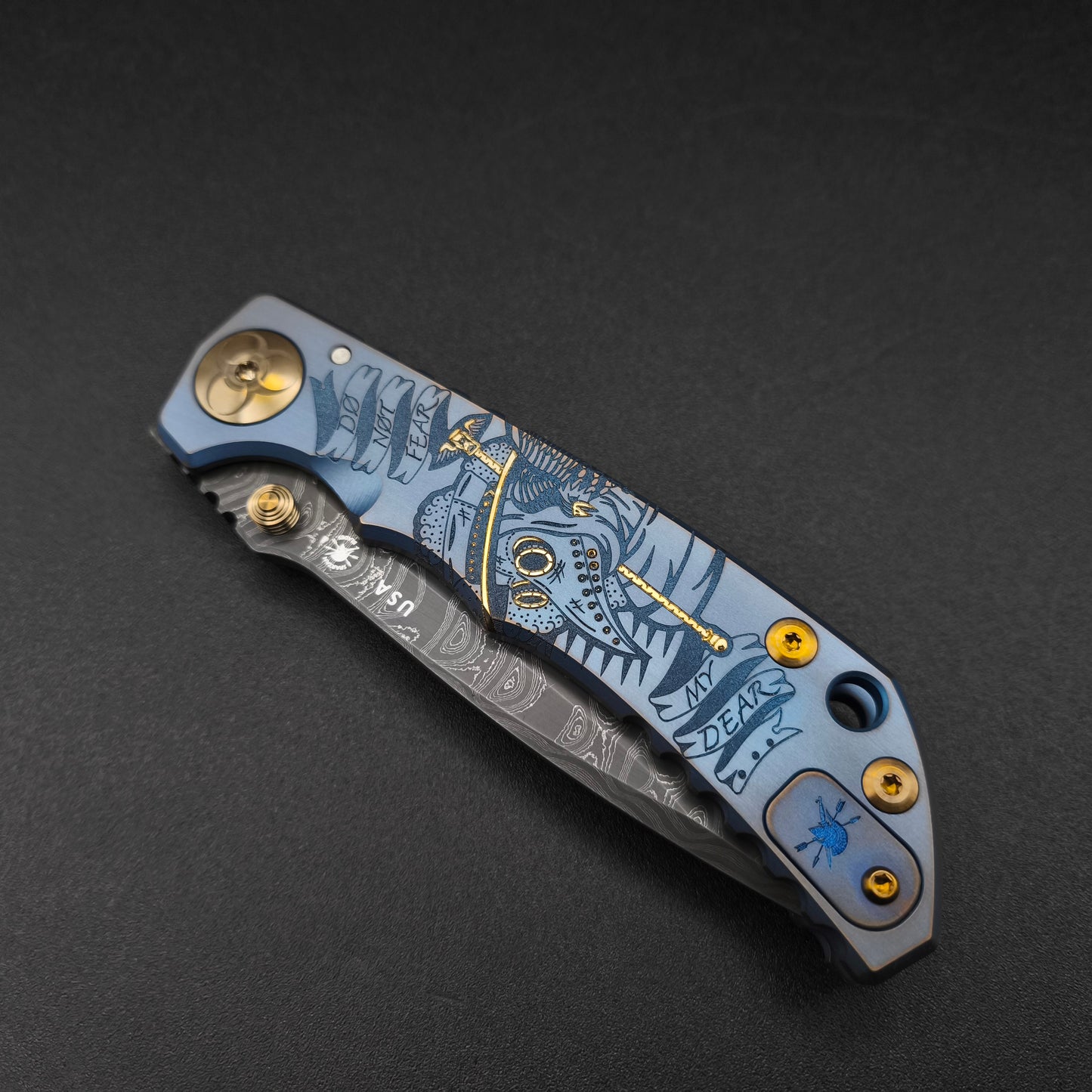 Spartan Blades Harsey Folder SF5 Custom Chad Nichols Damascus Plague Doctor Blue