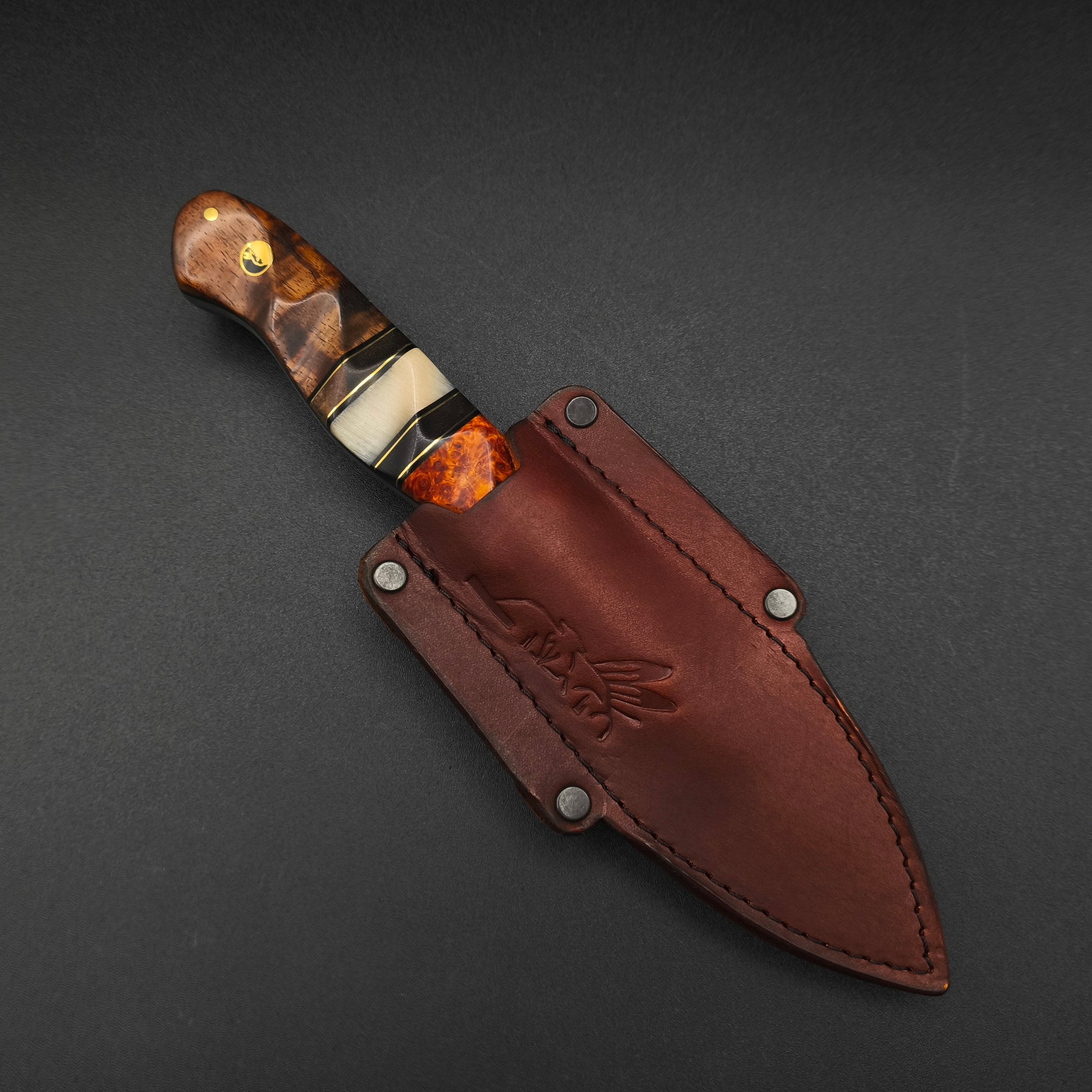 Half Face Blades Field Knife Vegas Forge Razorwire Damascus, Amboyna Burl 5