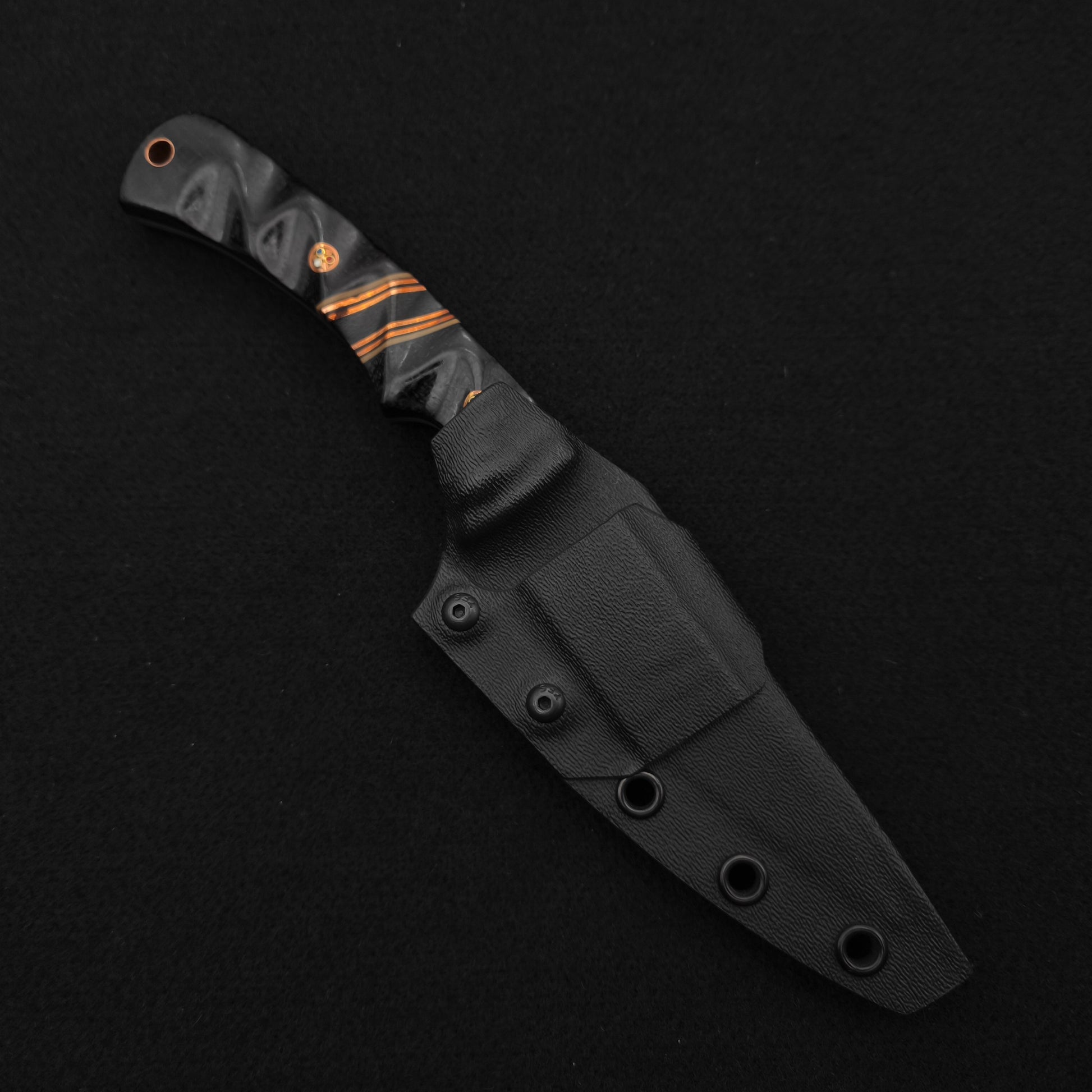 Half Face Blades Prometheus Black Burlap Micarta, Copper Pin Striping, Copper Patriot Mosaic Pins 4