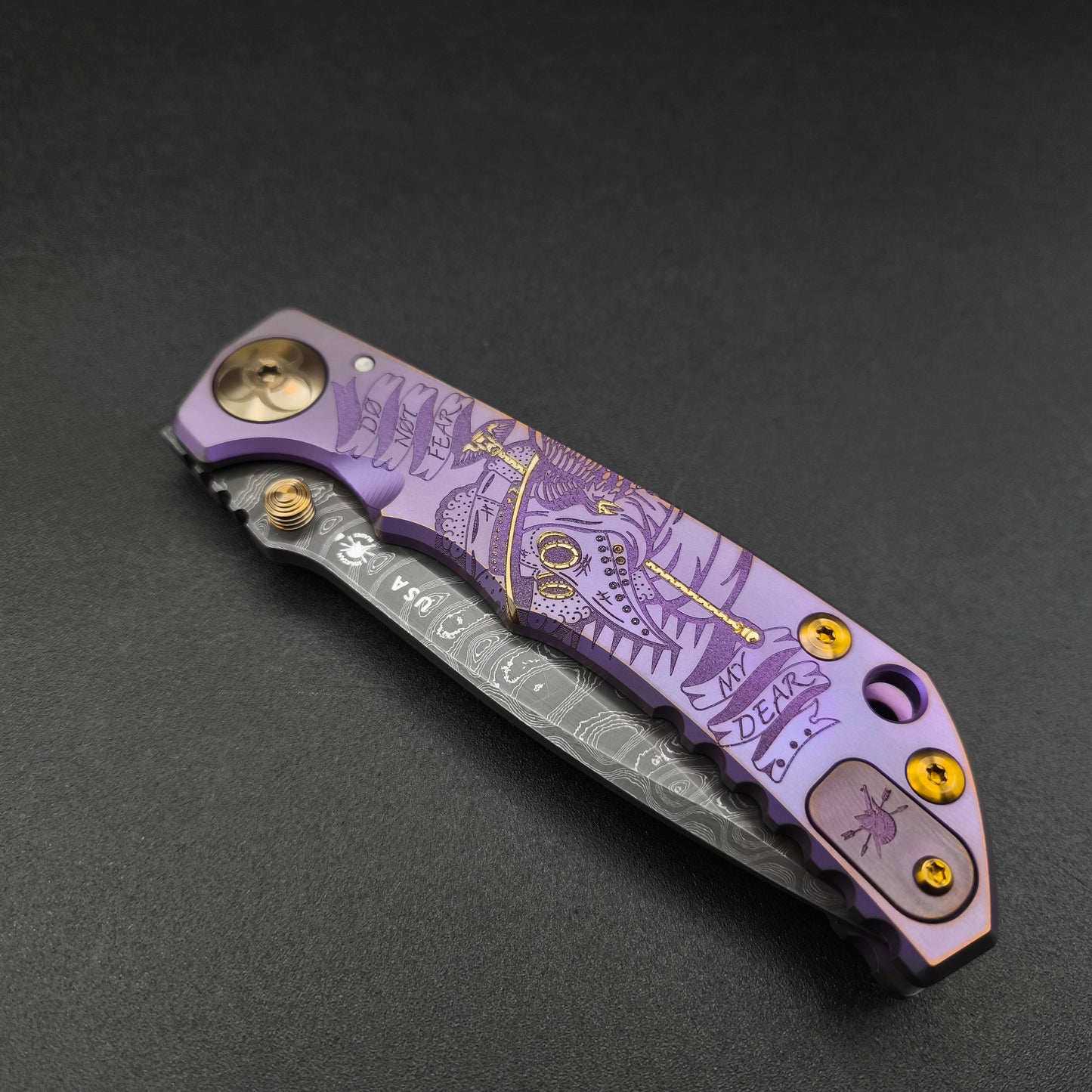 Spartan Blades Harsey Folder SF5 Custom Chad Nichols Damascus Plague Doctor Purple
