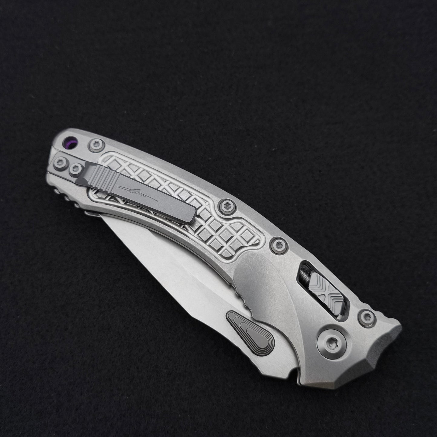 Microtech Amphibian Ram-Lok Frag Stonewash Marfione Select Purple