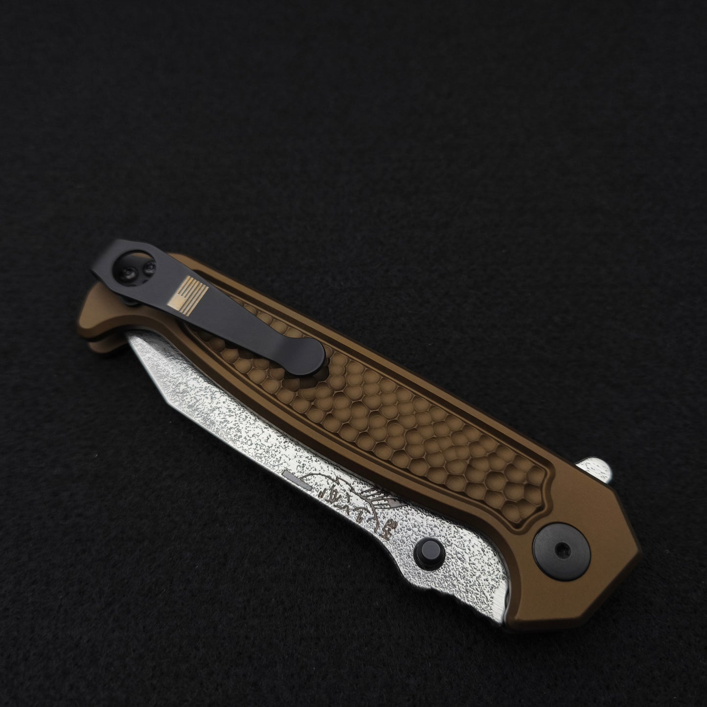 Half Face Blades Custom Disaster Folder, Anodized OD Green Handle, Acid Splash Blade