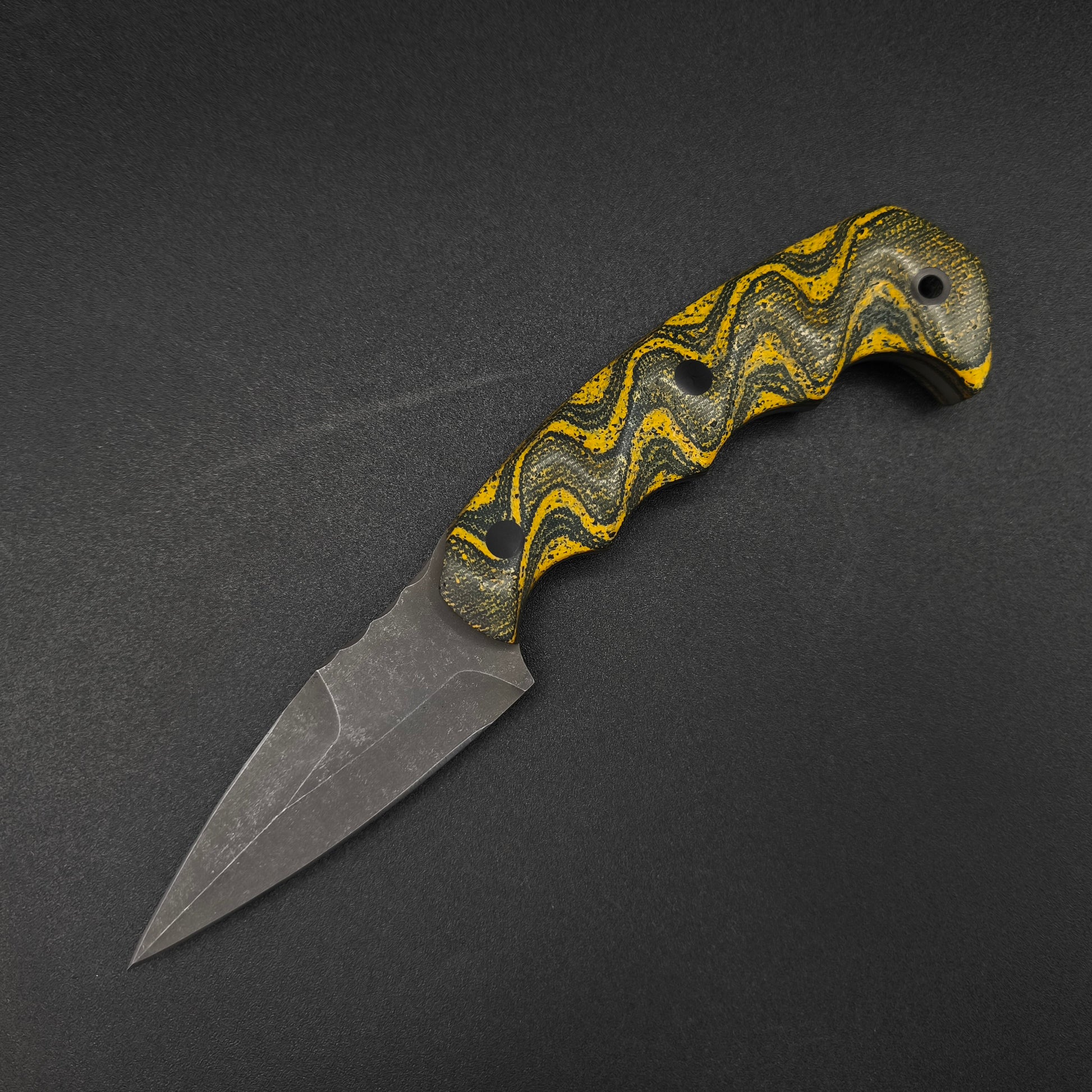Half Face Blades HUMINT 3" Layered Black Burlap Micarta and Yellow G10 and Rubber 2