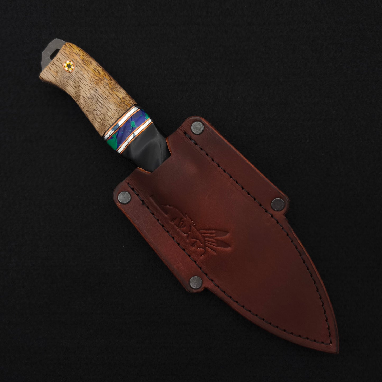 Half Face Blades Field Knife African Blackwood, Turquoise, Hawaiian Curly Mango 4