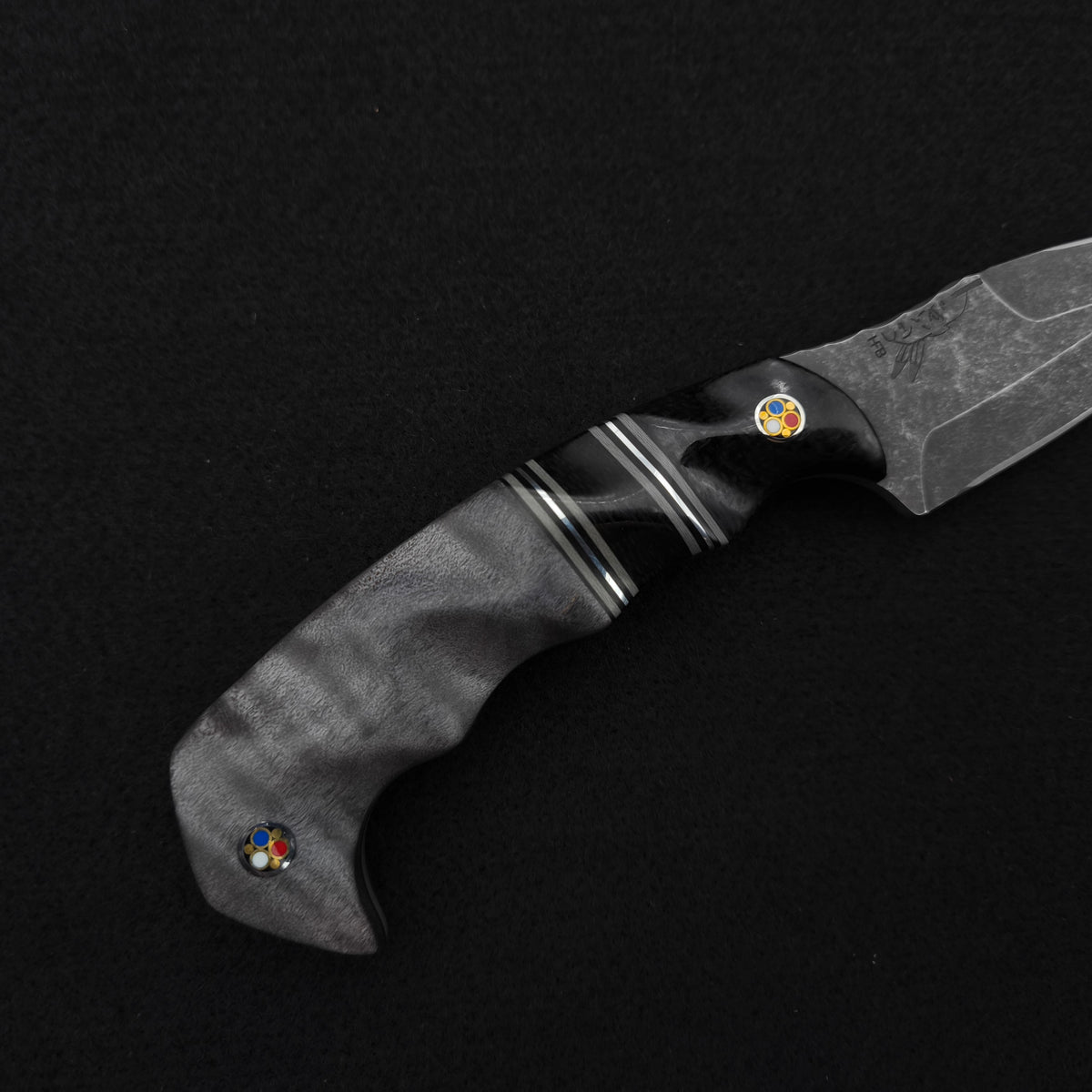 Half Face Blades HUMINT 3" Black Burlap Micarta, Black G10, Dyed Maple, Patriot Mosaic Pins