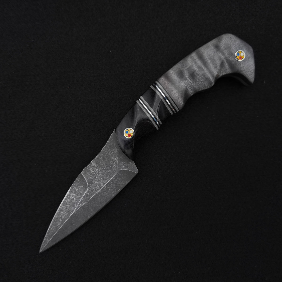 Half Face Blades HUMINT 3" Black Burlap Micarta, Black G10, Dyed Maple, Patriot Mosaic Pins