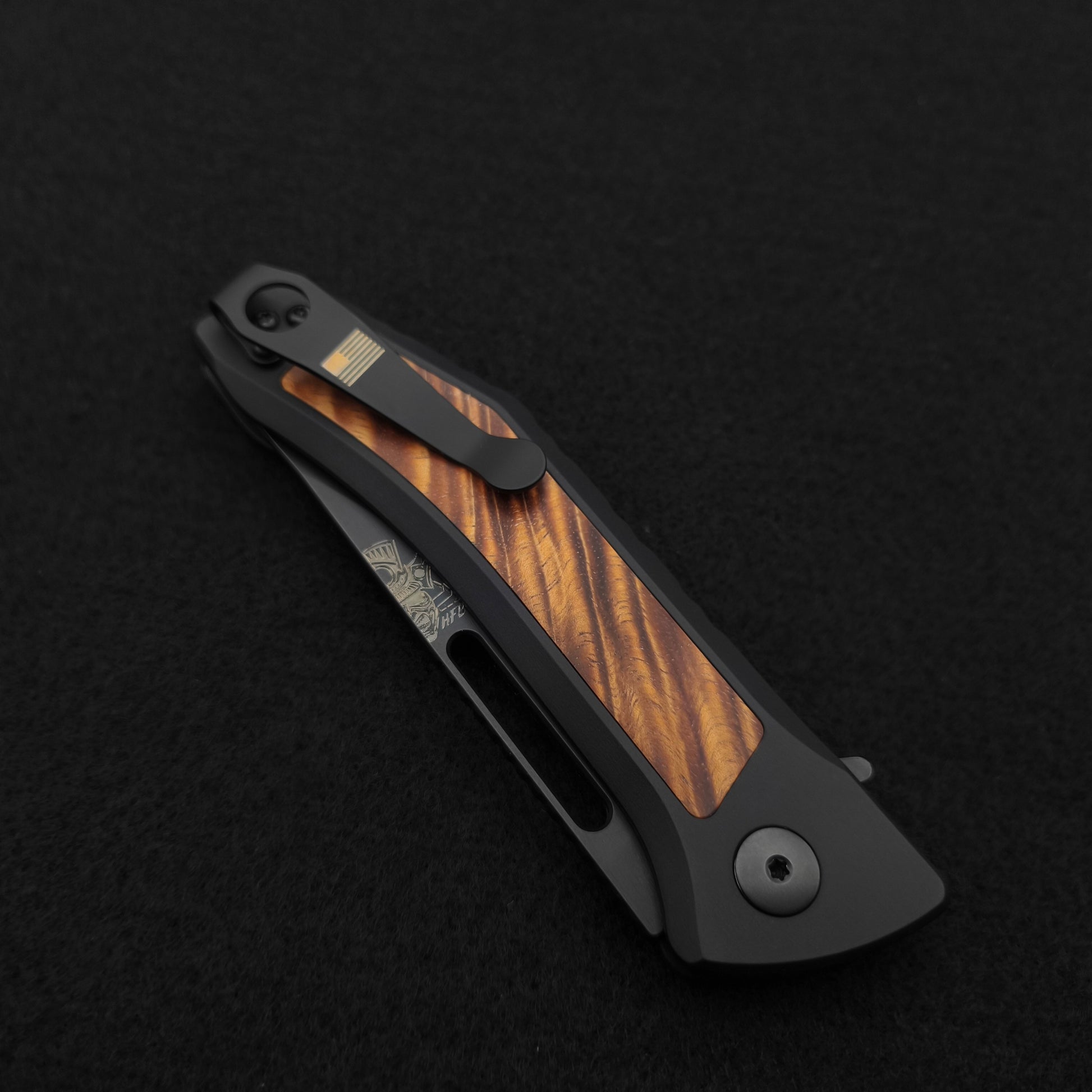 Half Face Blades Custom Kwaiken Folder Hawaiian Curly Koa, Anodized Black Handle 5