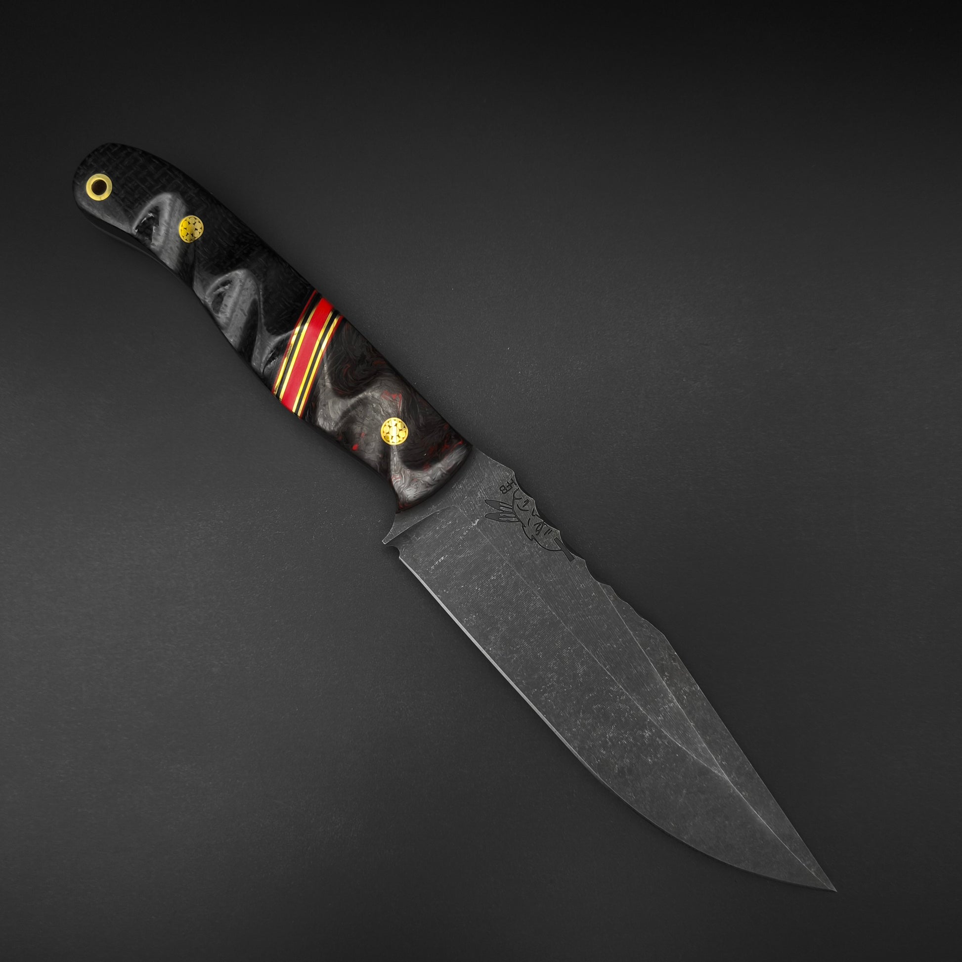 Half Face Blades Crow Scout Drop Point, Red Dark Matter Carbon, Brass Split, Black Burlap Micarta 1