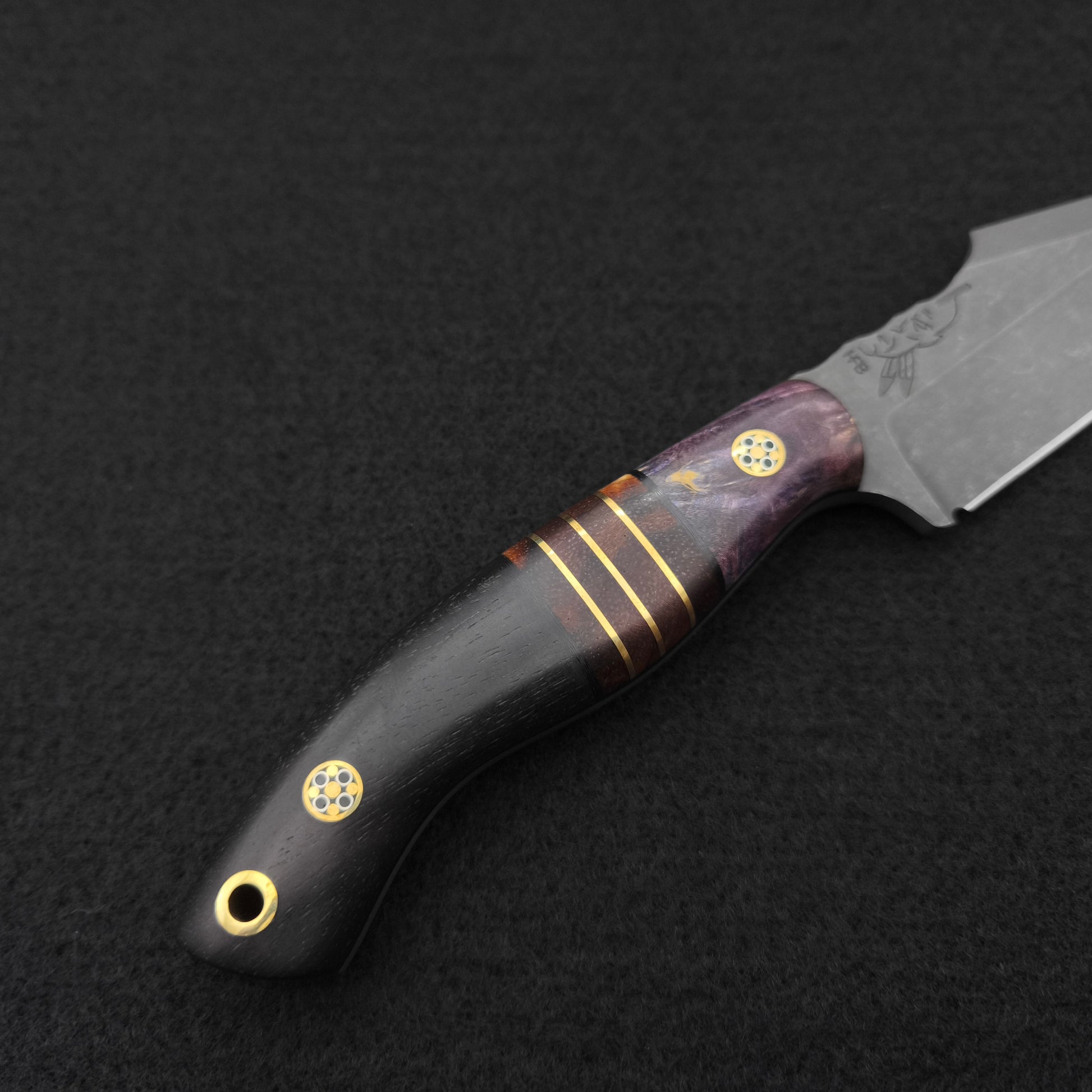 Half Face Blades Widow Maker JR, Dyed Maple, Hawaiian Curly Koa and Brass Split 3