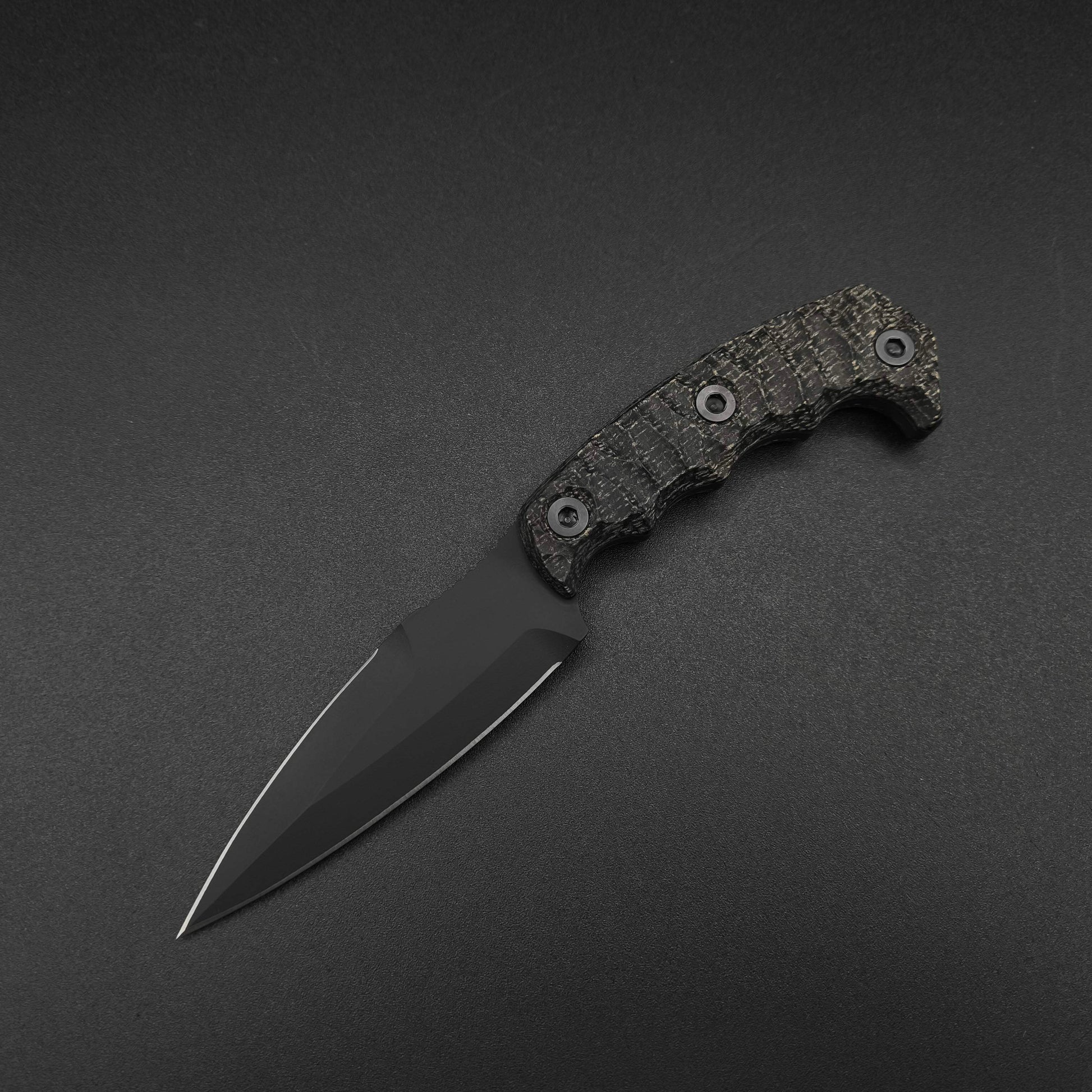 Half Face Blades HUMINT 4" Black Burlap Micarta, Armor Black Cerakote 2