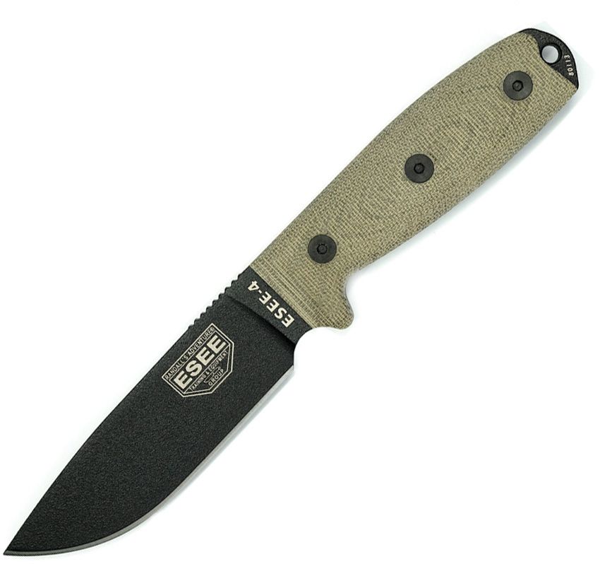 ESEE 4, Black Blade, Green Canvas Micarta 3D Griff, 1095 4PB-017