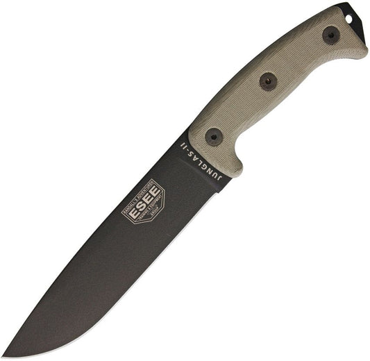 ESEE Junglas II, Black Blade, Canvas Micarta Griff, ESEE Logo, 1095, JUNGLAS-II-E